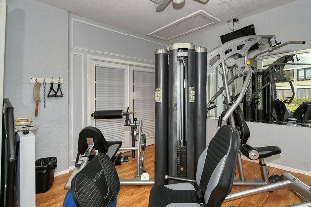 exercise room featuring a textured ceiling and light hardwood / wood-style flooring