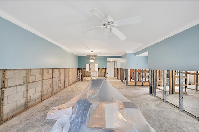 interior space featuring crown molding, light carpet, and ceiling fan