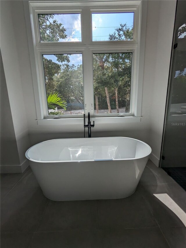 bathroom with tile patterned flooring, plenty of natural light, and a tub