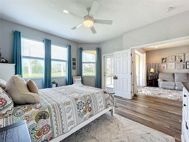 bedroom featuring multiple windows, ceiling fan, a textured ceiling, and wood-type flooring