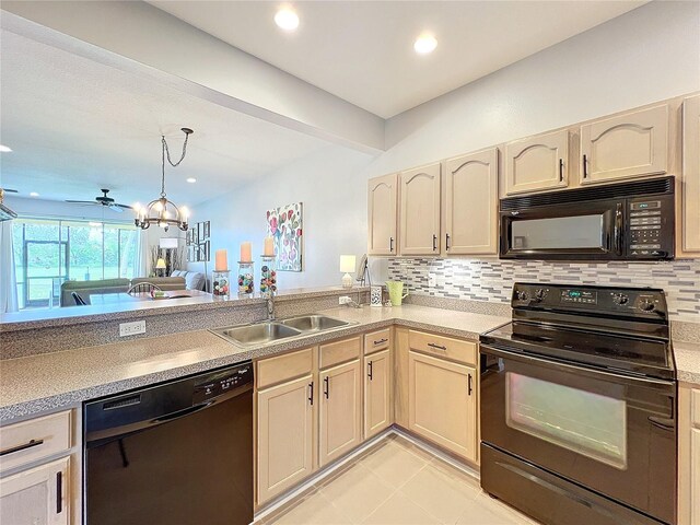 kitchen with tasteful backsplash, ceiling fan with notable chandelier, sink, black appliances, and light tile patterned flooring