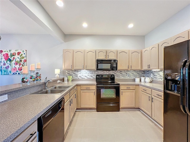 kitchen featuring decorative backsplash, sink, black appliances, light brown cabinets, and light tile patterned flooring