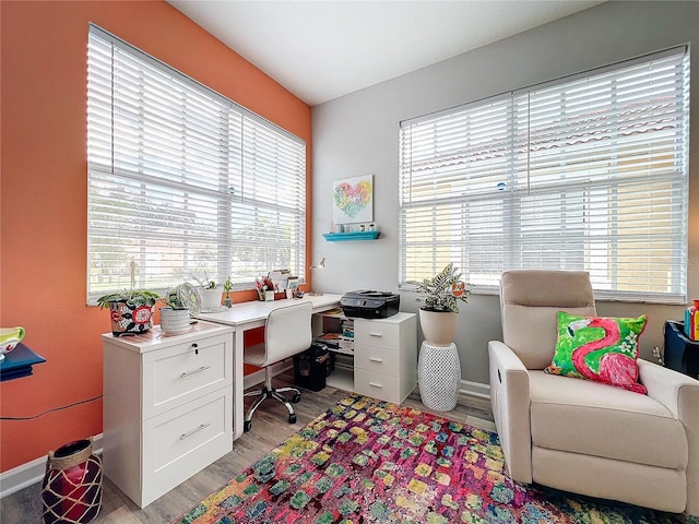 office with a healthy amount of sunlight and light wood-type flooring