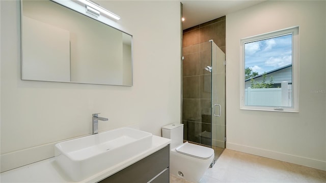 bathroom with toilet, vanity, walk in shower, and tile patterned floors