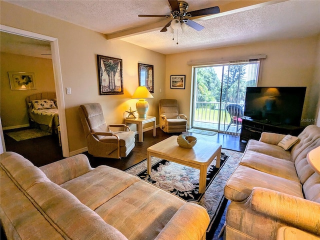 living room featuring a textured ceiling, beam ceiling, ceiling fan, and hardwood / wood-style floors