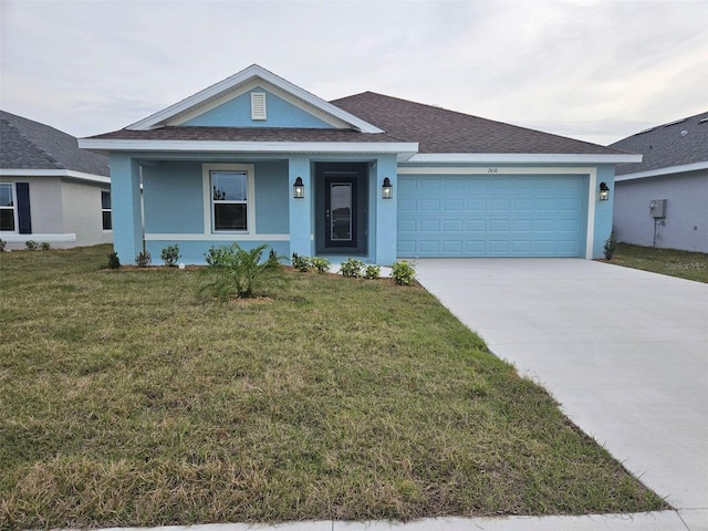 view of front of home with stucco siding, a front lawn, concrete driveway, an attached garage, and a shingled roof