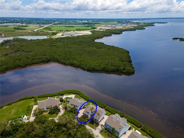 aerial view featuring a water view