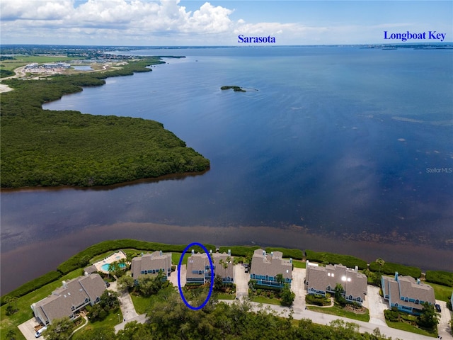 aerial view featuring a water view