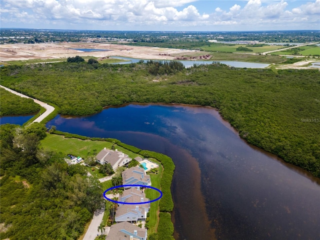 drone / aerial view featuring a water view