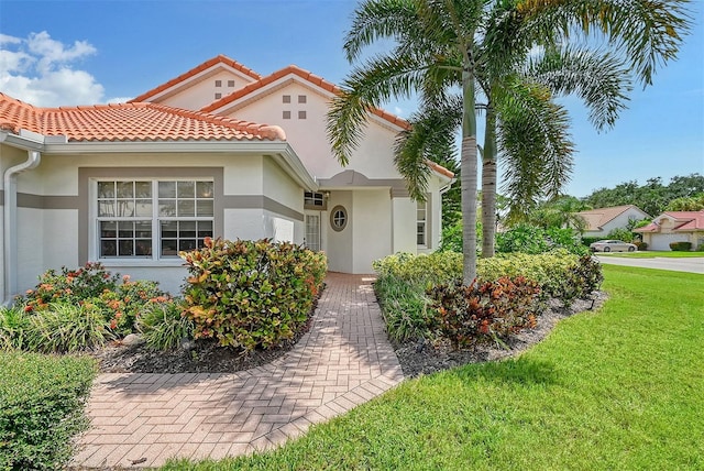 view of front of house with a front yard, a tile roof, and stucco siding