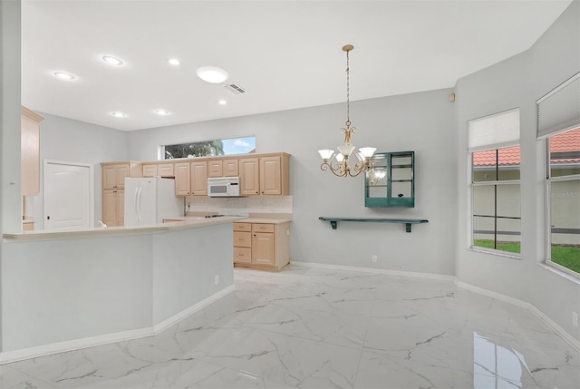 kitchen featuring white appliances, visible vents, marble finish floor, and light brown cabinetry