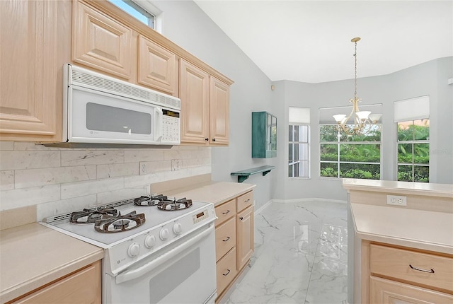 kitchen with marble finish floor, light countertops, backsplash, light brown cabinets, and white appliances