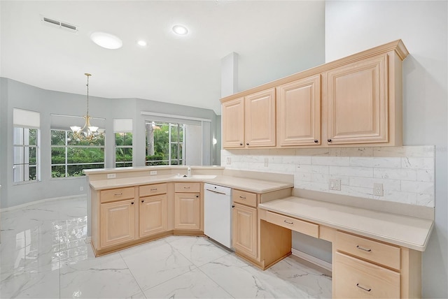 kitchen with kitchen peninsula, light brown cabinetry, dishwasher, and light tile patterned floors