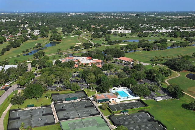 aerial view featuring a water view and golf course view