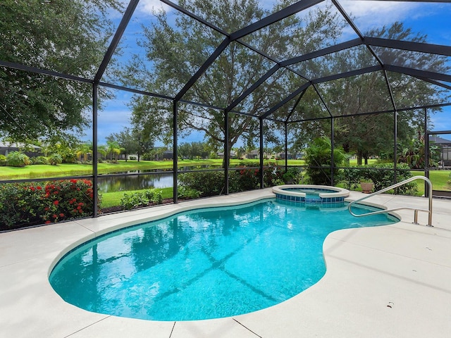 view of swimming pool with glass enclosure, a patio area, and an in ground hot tub