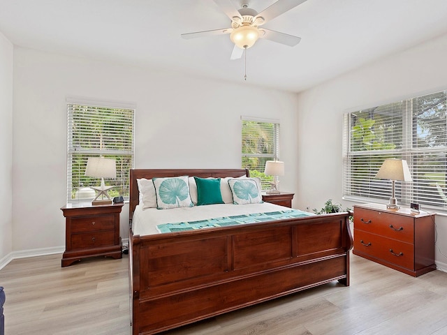 bedroom featuring light wood-type flooring and ceiling fan