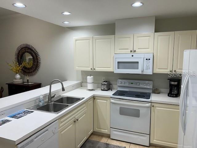 kitchen with sink, white cabinetry, white appliances, light tile patterned floors, and kitchen peninsula