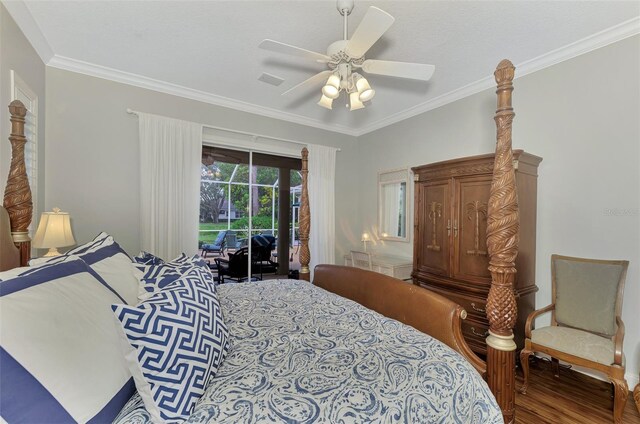 bedroom with ceiling fan, hardwood / wood-style floors, and ornamental molding