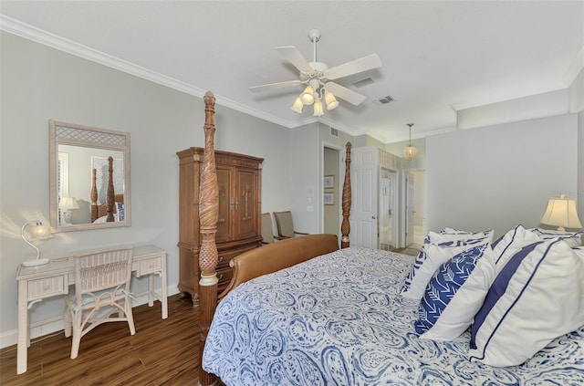 bedroom featuring ceiling fan, crown molding, and hardwood / wood-style flooring