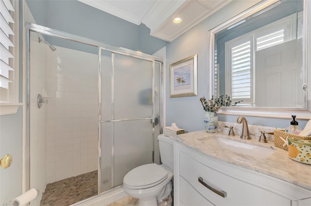 bathroom featuring toilet, vanity, ornamental molding, tile patterned floors, and a shower with shower door