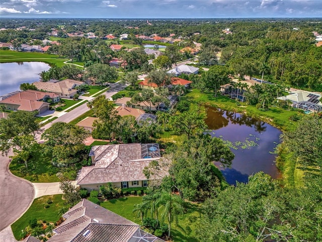 aerial view featuring a water view