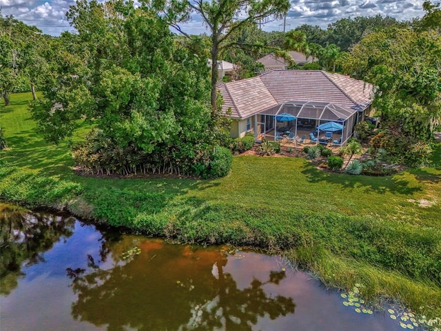 aerial view with a water view