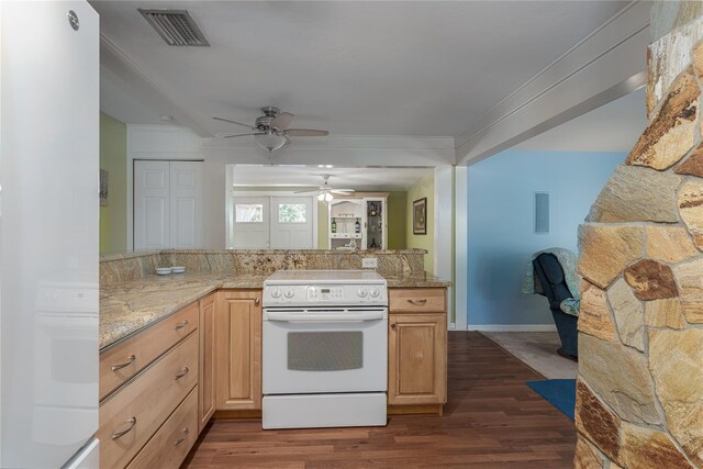 kitchen featuring ornamental molding, white appliances, dark hardwood / wood-style flooring, light brown cabinetry, and ceiling fan