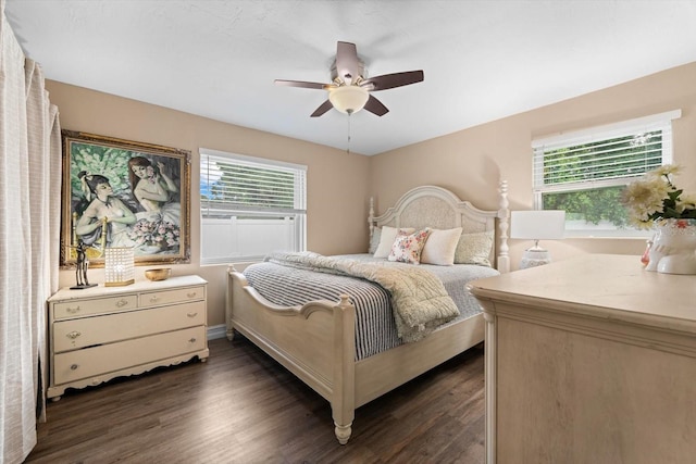 bedroom with ceiling fan, multiple windows, and dark hardwood / wood-style flooring