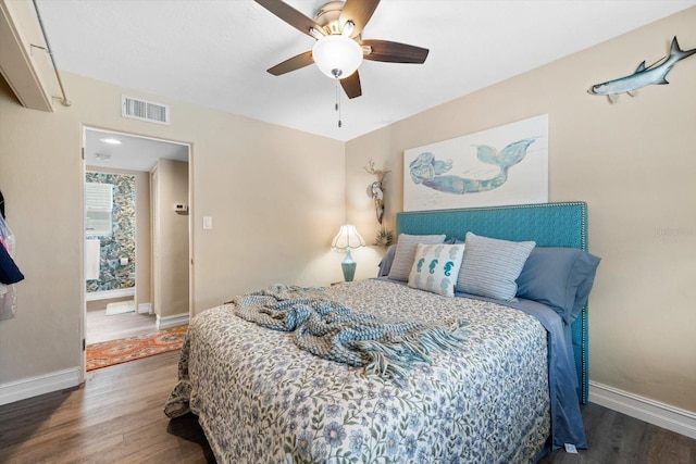 bedroom with ceiling fan and wood-type flooring