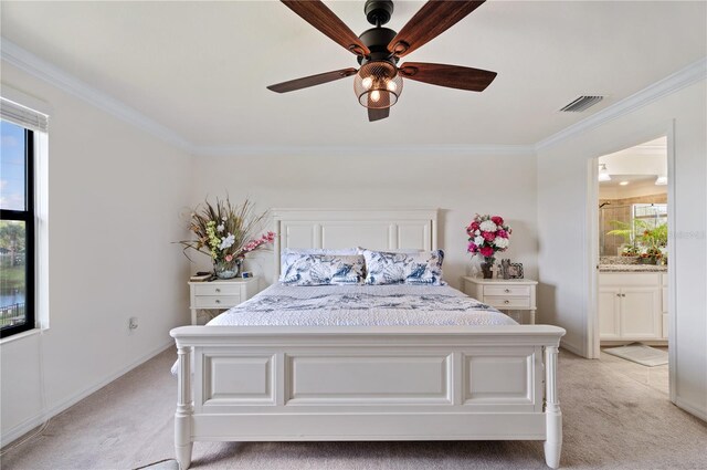 unfurnished bedroom with multiple windows, light carpet, crown molding, and ceiling fan