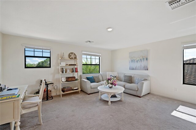 living room featuring light carpet