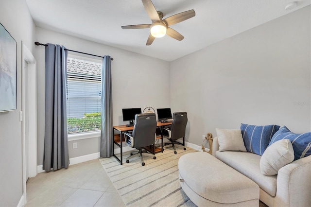 tiled office with ceiling fan