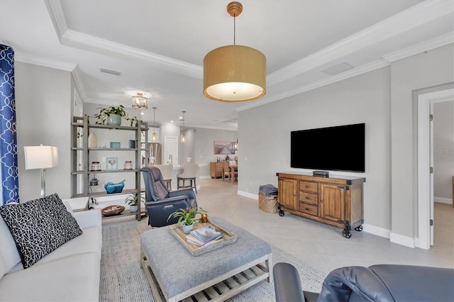 tiled living room featuring crown molding