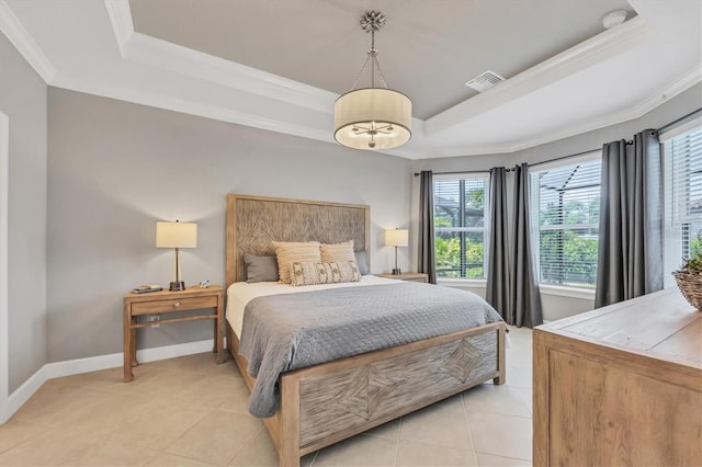 5732 Puccini St, Nokomis, FL 34275 - bedroom with a tray ceiling, multiple windows, light tile patterned flooring, and crown molding