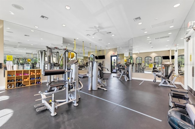 workout area featuring ceiling fan