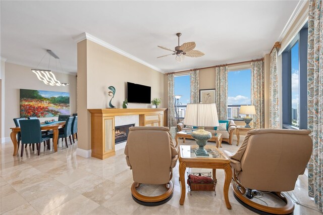 tiled living room with ceiling fan and ornamental molding