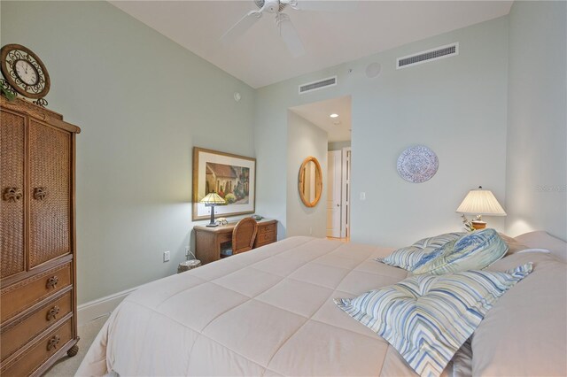 bedroom with ceiling fan and carpet