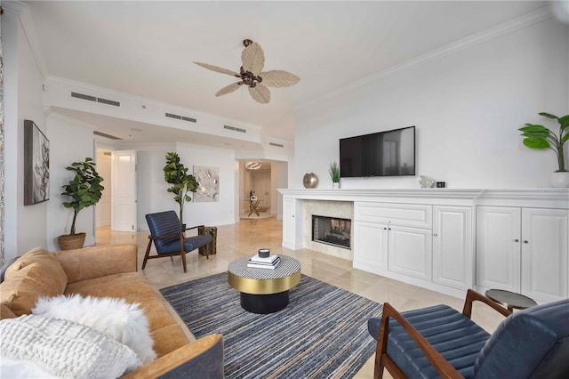 50 Central Ave Unit 17Phb, Sarasota, FL 34236 - living room featuring ornamental molding, ceiling fan, and a premium fireplace