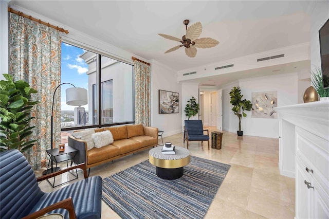 50 Central Ave Unit 17Phb, Sarasota, FL 34236 - living room with ornamental molding and a ceiling fan