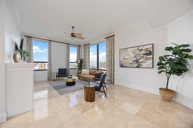 50 Central Ave Unit 17Phb, Sarasota, FL 34236 - living area featuring ornamental molding, plenty of natural light, and a ceiling fan
