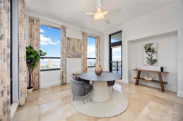 50 Central Ave Unit 17Phb, Sarasota, FL 34236 - dining room featuring ornamental molding, a ceiling fan, and light tile patterned flooring