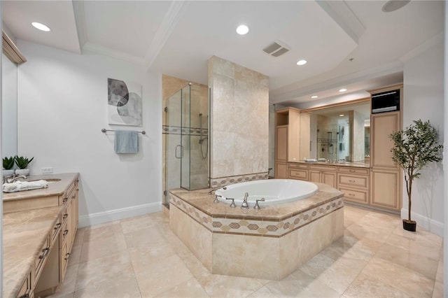 50 Central Ave Unit 17Phb, Sarasota, FL 34236 - bathroom featuring two vanities, a stall shower, crown molding, a bath, and recessed lighting