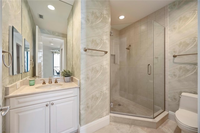 50 Central Ave Unit 17Phb, Sarasota, FL 34236 - bathroom with a shower stall, vanity, tile patterned floors, and recessed lighting