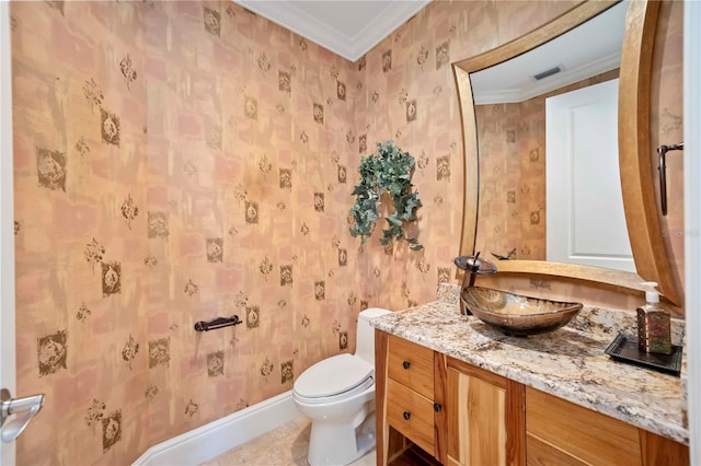 50 Central Ave Unit 17Phb, Sarasota, FL 34236 - bathroom featuring ornamental molding, vanity, and wallpapered walls