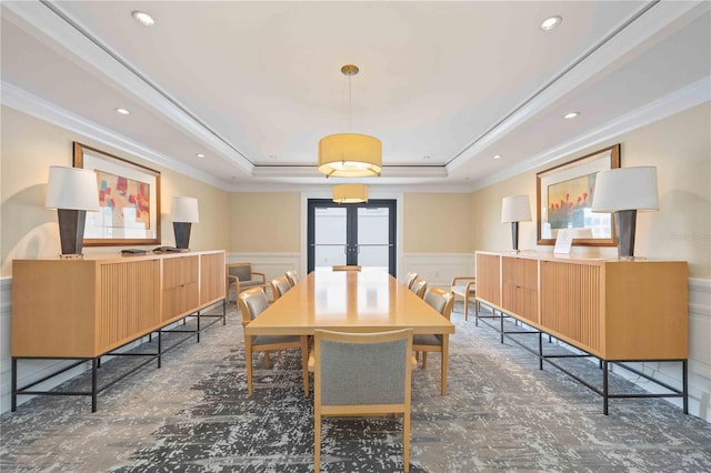 50 Central Ave Unit 17Phb, Sarasota, FL 34236 - dining room with a tray ceiling, crown molding, french doors, wainscoting, and a decorative wall