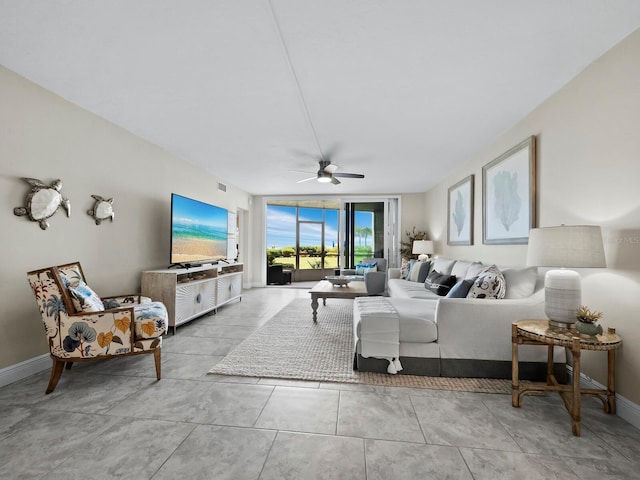 living room featuring ceiling fan