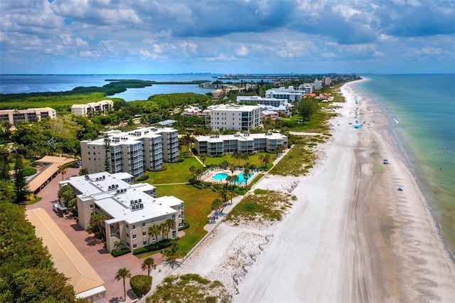 aerial view featuring a beach view and a water view