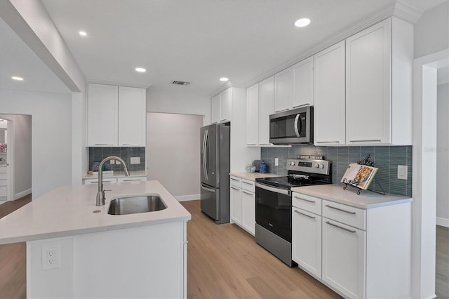 kitchen with appliances with stainless steel finishes, light hardwood / wood-style flooring, decorative backsplash, and sink