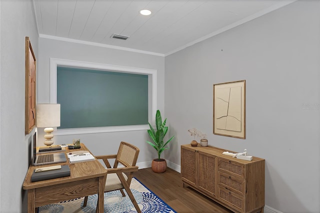 office space featuring crown molding and hardwood / wood-style floors