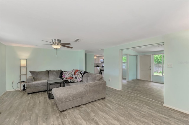 2900 Siesta Dr, Venice, FL 34293 - living room featuring ceiling fan, light wood-style flooring, visible vents, and baseboards